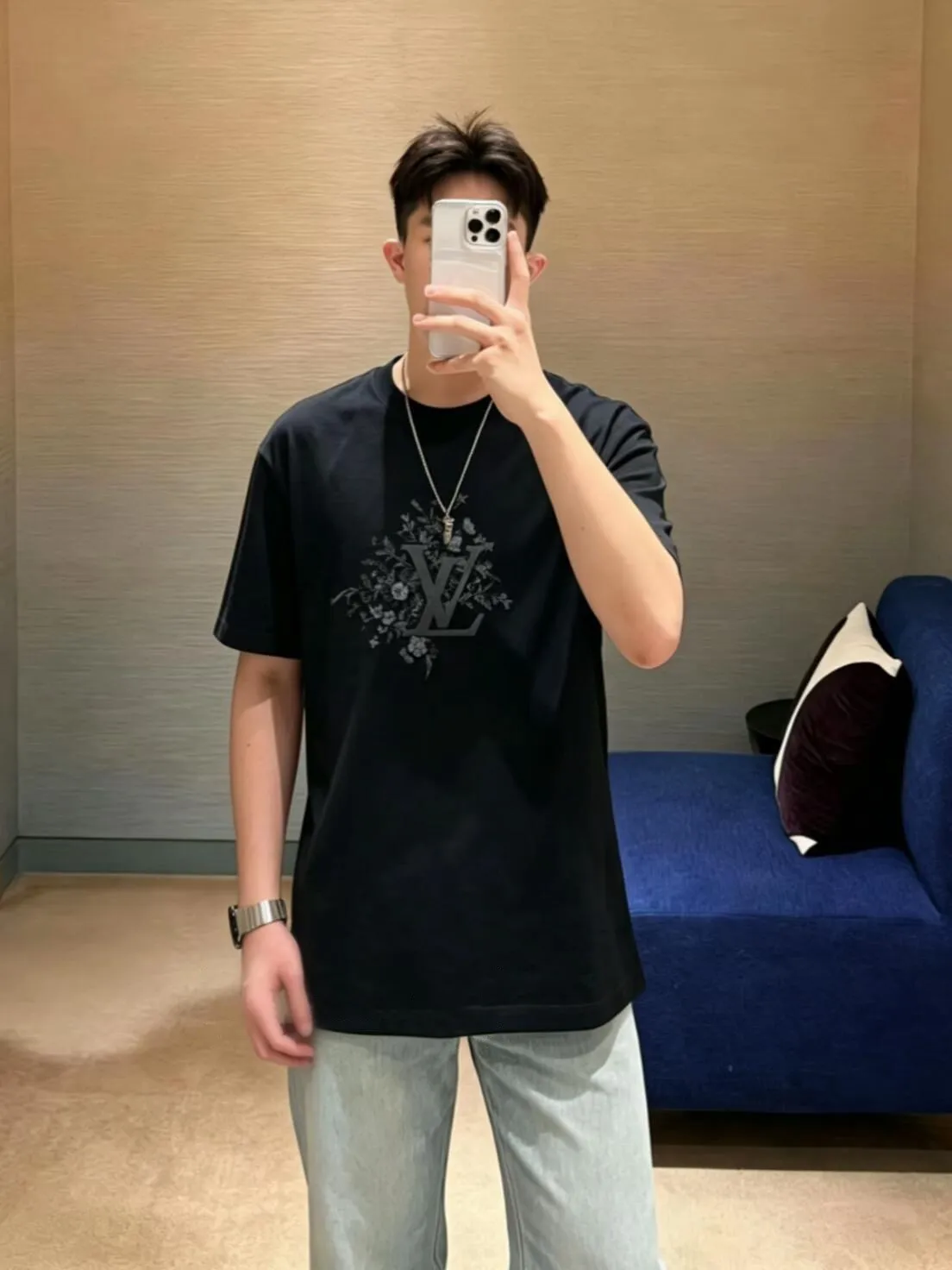 Louis Vuitton/Louis Vuitton floral embroidered checkerboard short sleeves